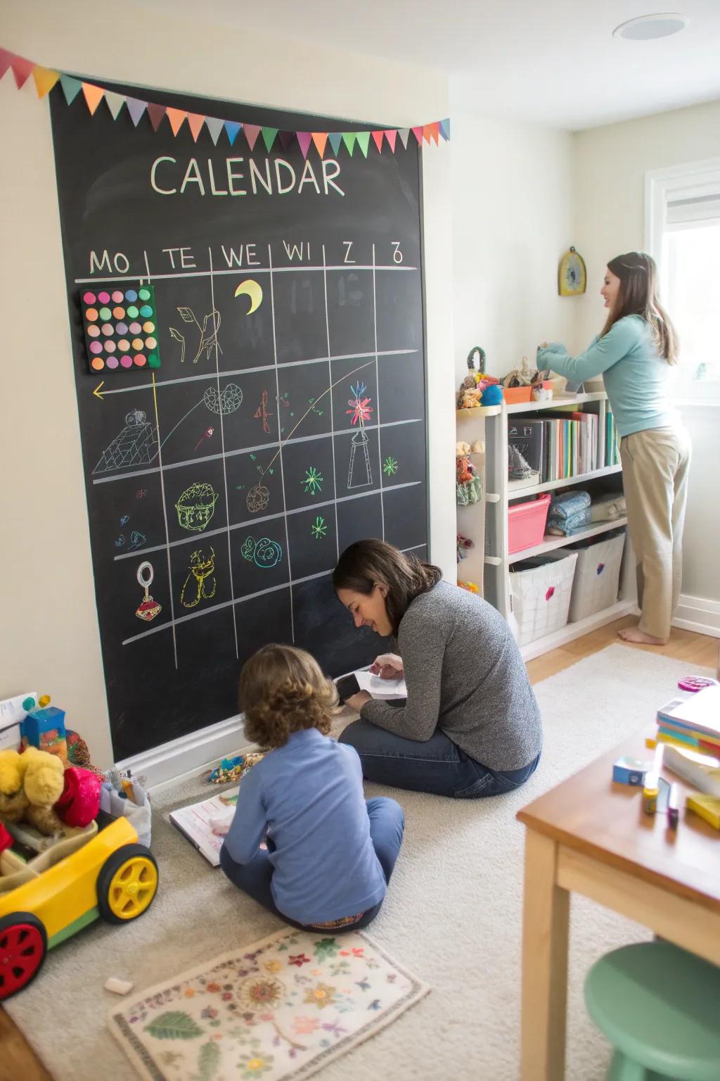 A chalkboard calendar assists in teaching organization.