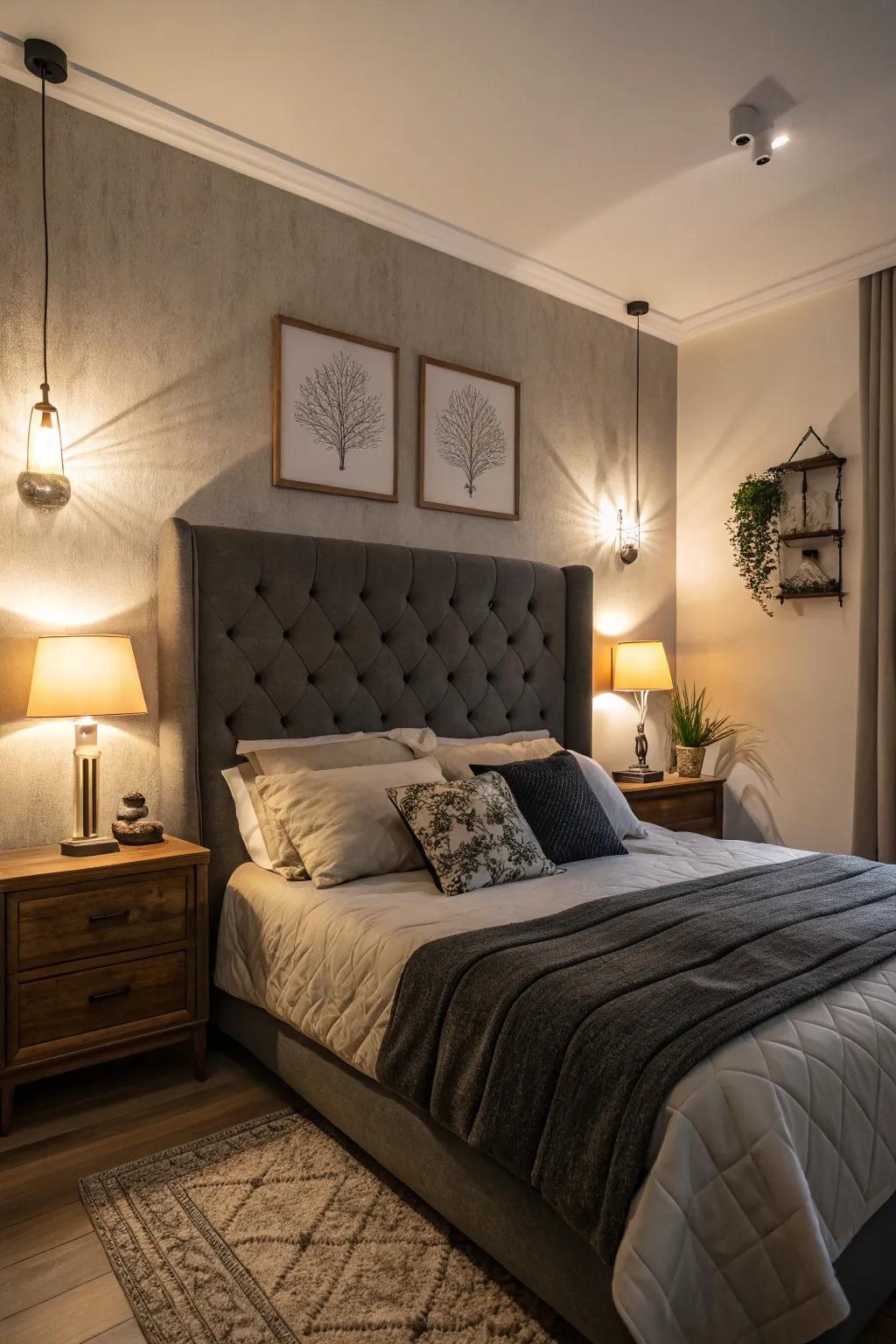 Gentle illumination elevates the cozy feel of a deep grey headboard.