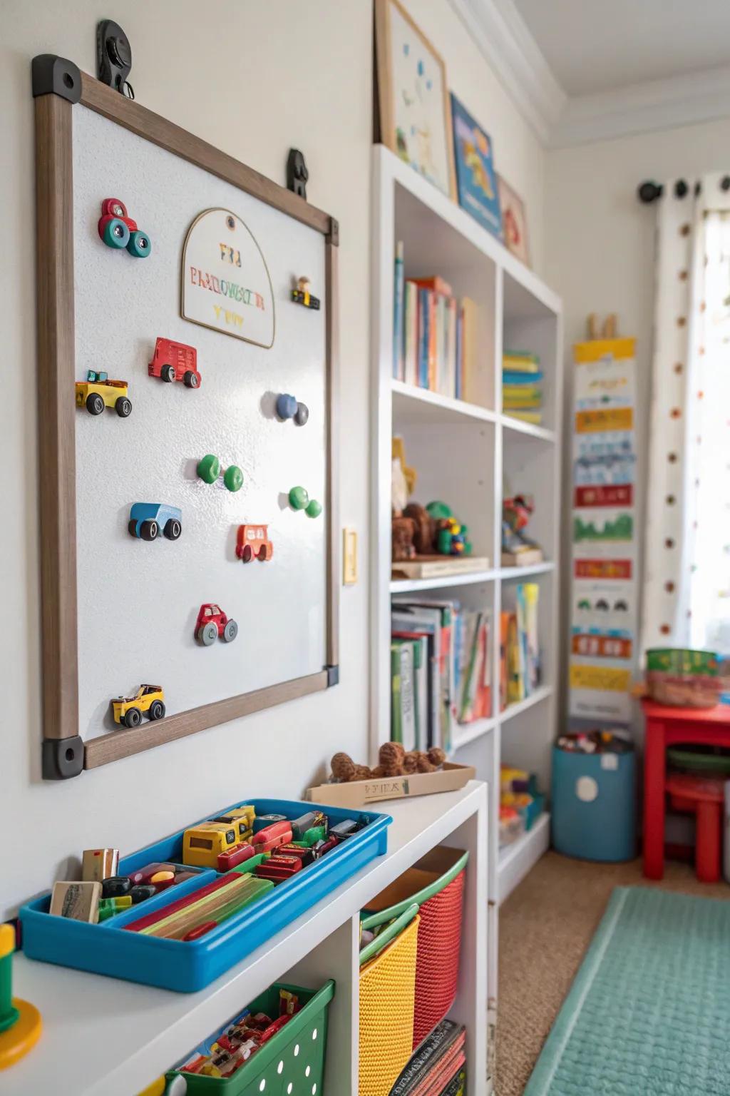 Magnetic boards incorporate interactive storage solutions.