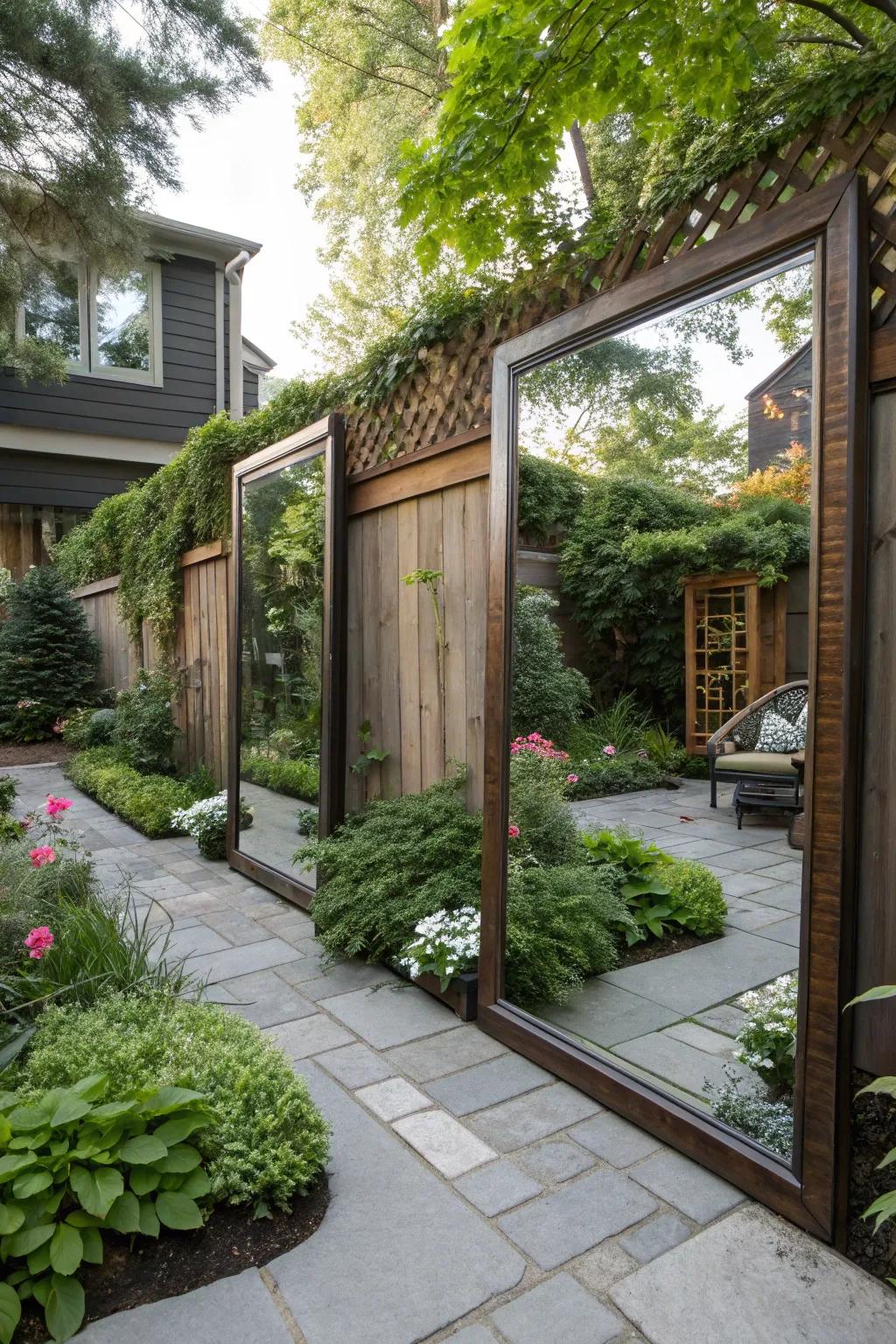 Mirrors cleverly used outdoors can enhance privacy with style.
