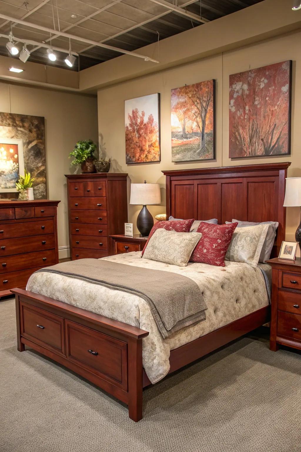 Artistic segments contributing character to a maple wood bedroom.