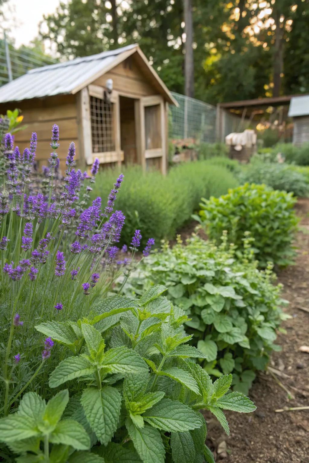 Culinary herb nurseries infuse vegetation and aid in deterring vermin organically.