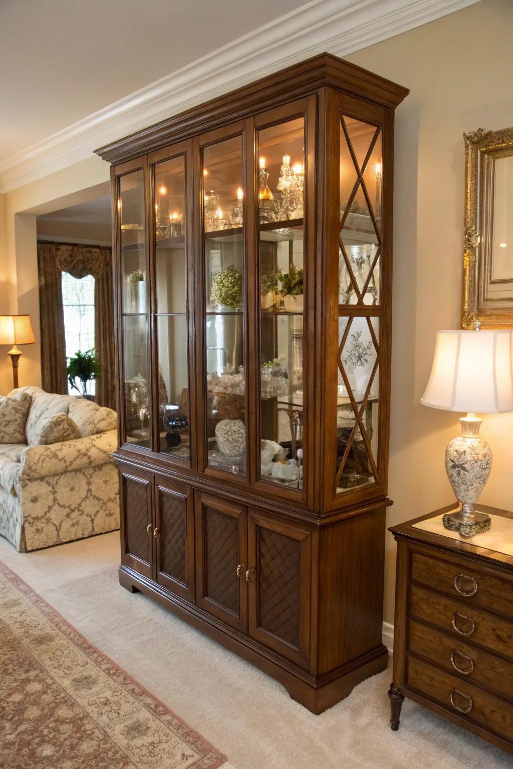 Mirrors add glam and depth to a display case.