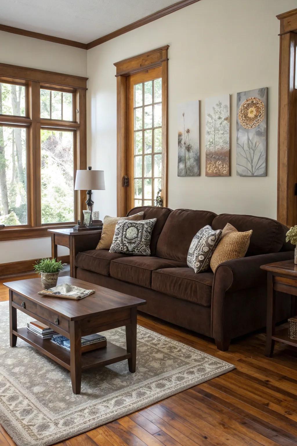Traditional and modern elements harmonize around a cocoa sofa.
