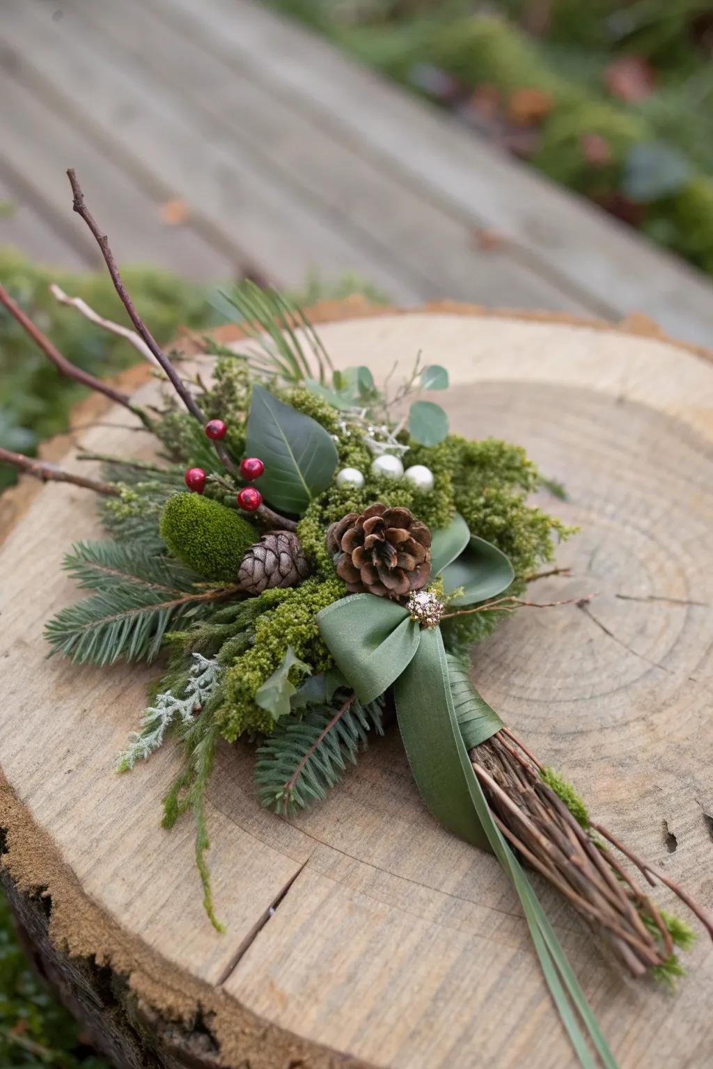A woodland-inspired holiday adornment featuring moss and branches.