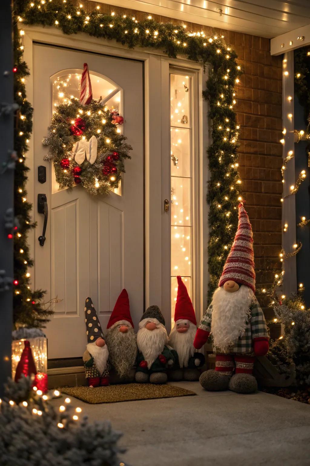 Gnomes gather to spread holiday joy in this whimsical setup.