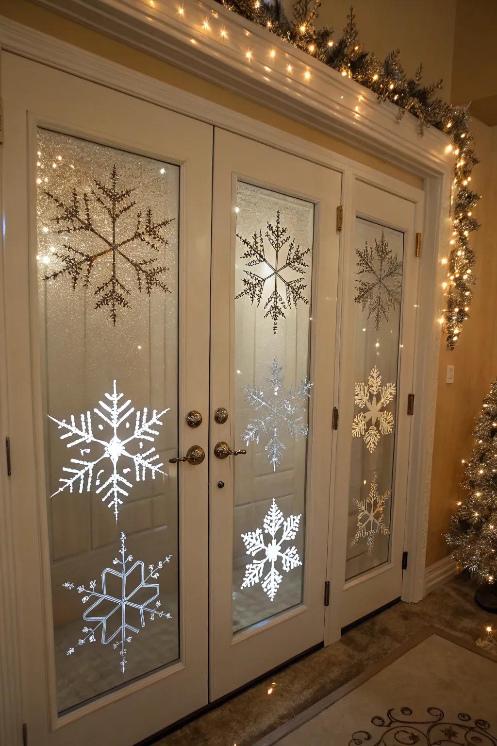 Mirrored snowflakes include a touch of shimmer to this holiday entrance.