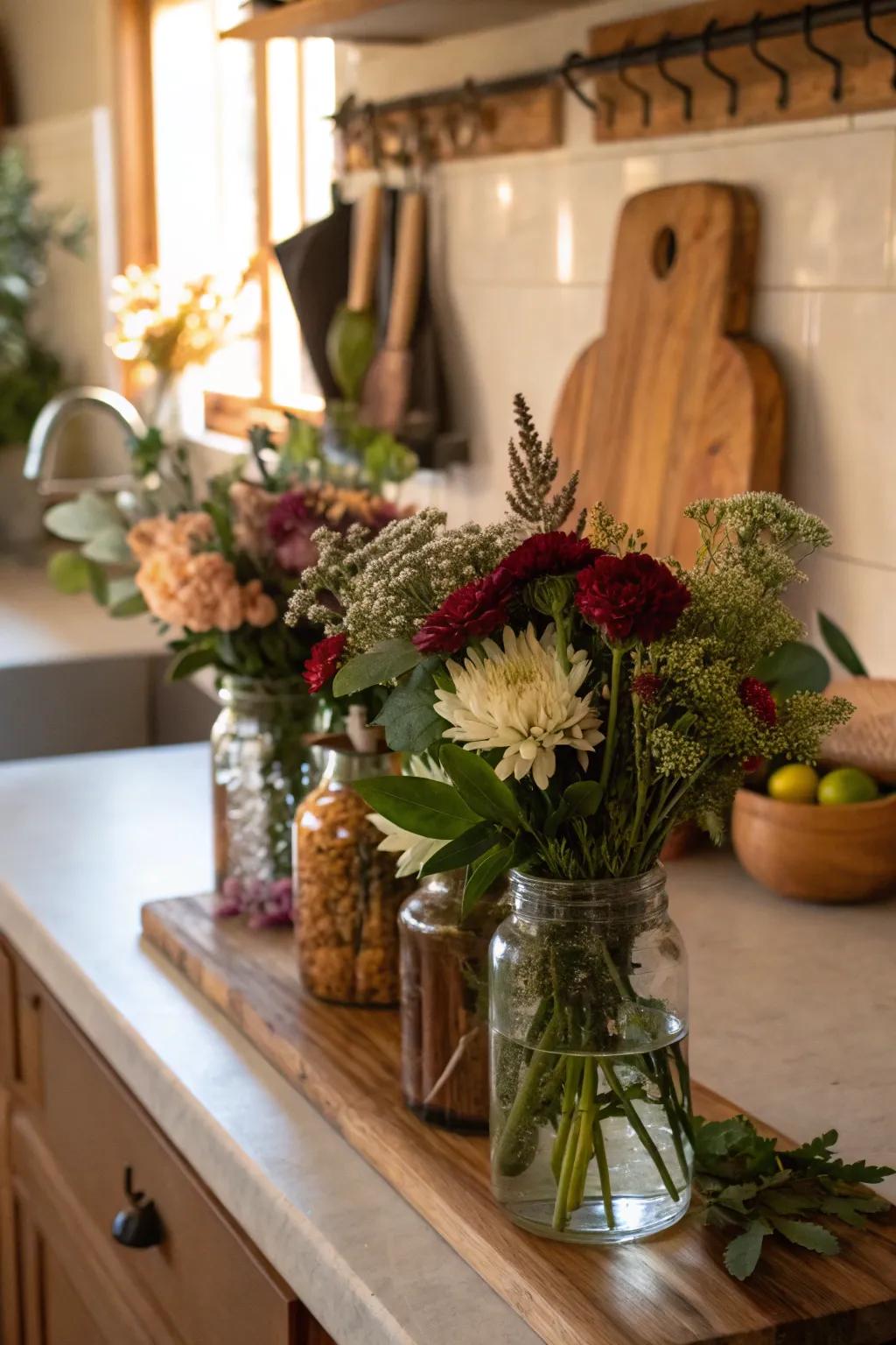 Canning jars filled with blooms add woodland charm to any space.