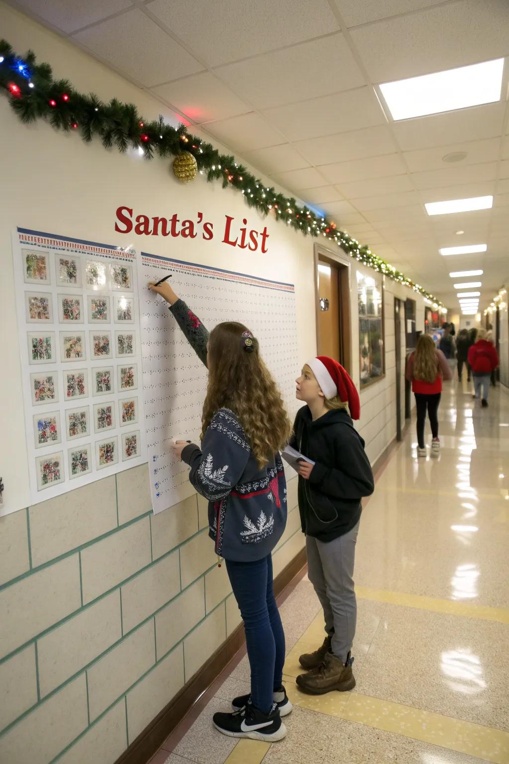 Encourage positivity with an interactive Santa's List in the hallway.