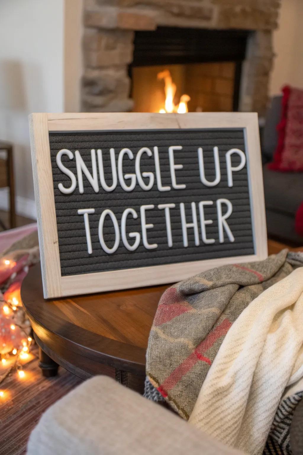 A message board inviting companions and kin to cuddle and relish the warmth.