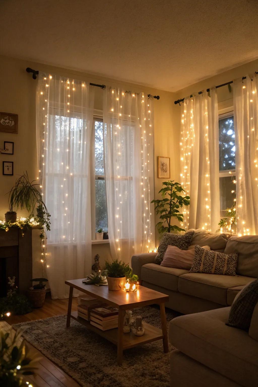Drapery illumination contributing a magical touch to the living space.