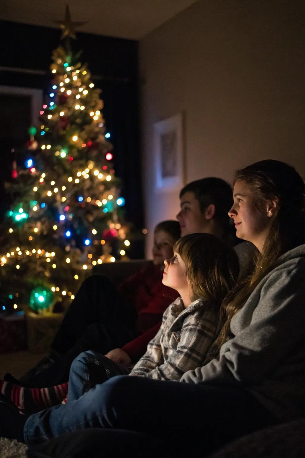 A tranquil and serene family moment near the Christmas tree.