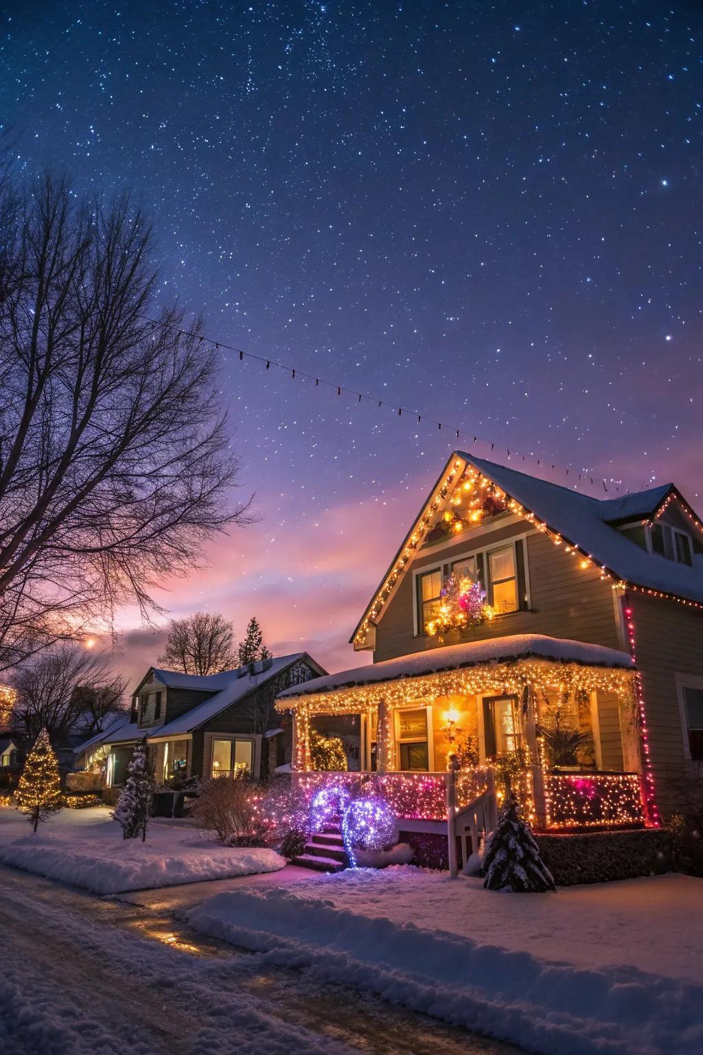 A house beautifully adorned with a dazzling Christmas illumination display, creating a festive ambiance.