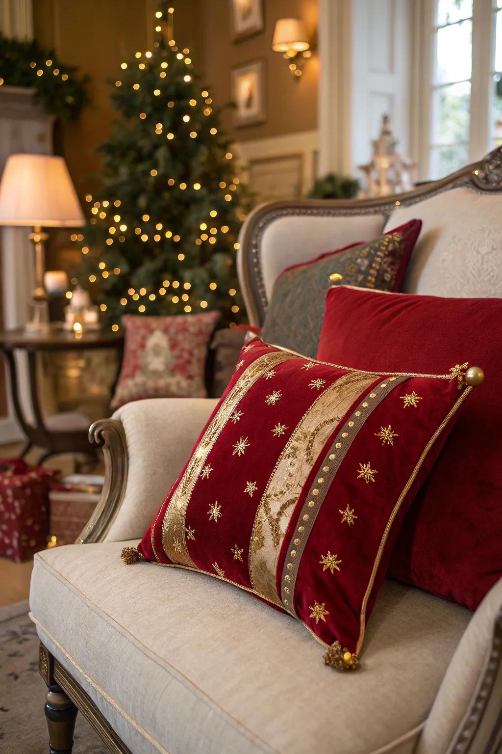 Velvet cushions introducing a luxurious element to holiday decorations.