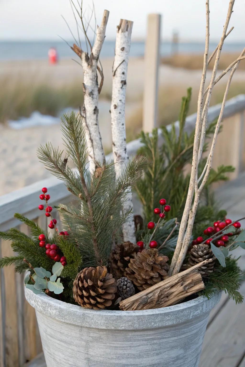 Seawood contributes an organic coastal atmosphere to holiday decor.