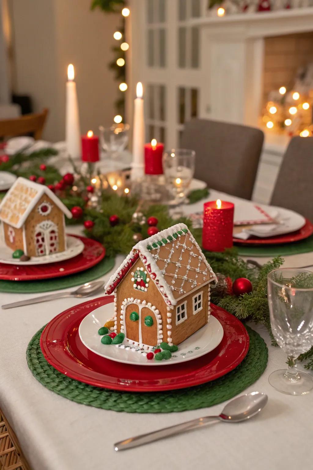 Mini gingerbread houses offer a sweet, personal touch to the table.
