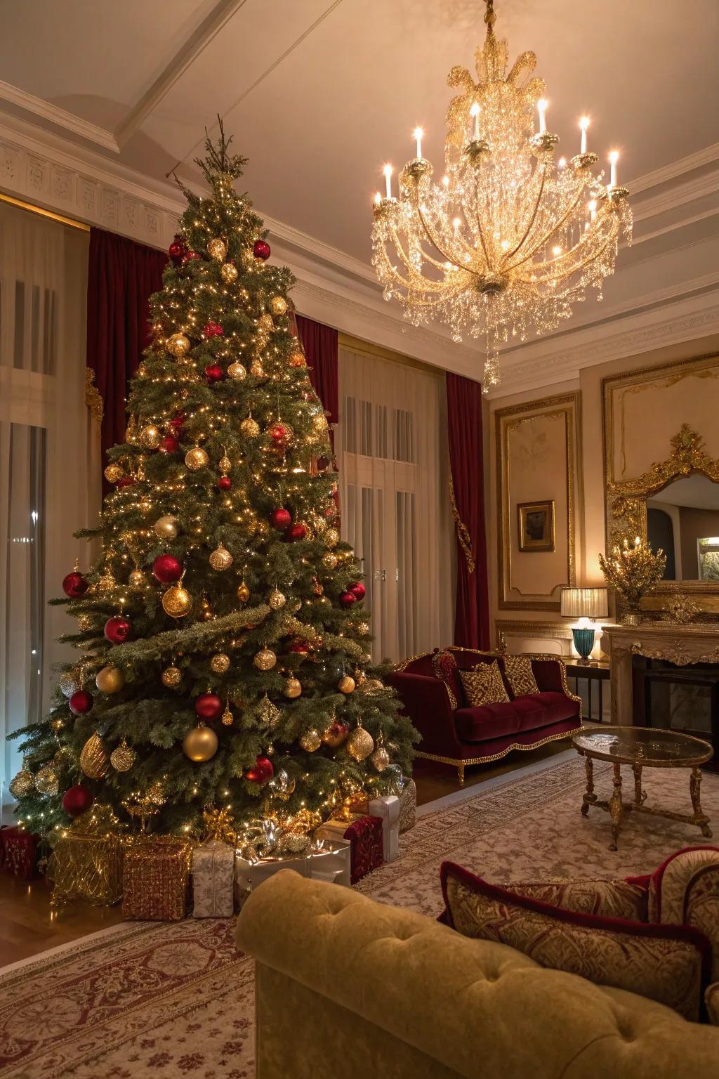 An opulent Christmas tree showcasing gilded accents and string lights, fashioning a dazzling holiday exhibition.