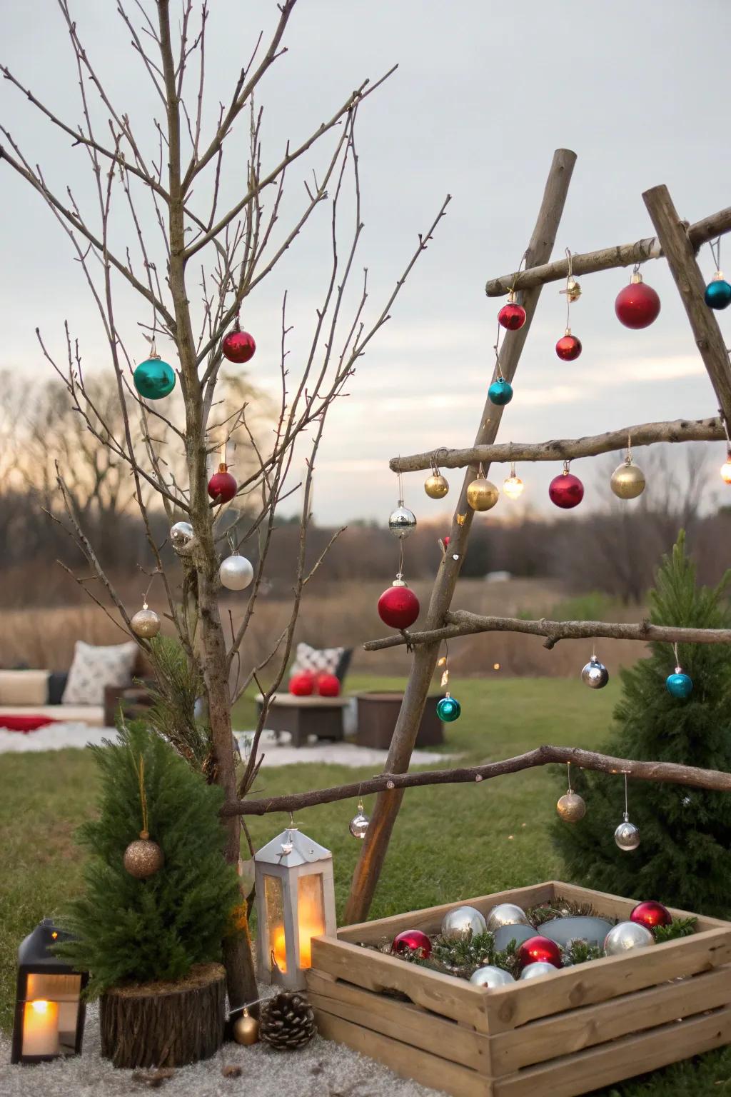 A DIY outdoor ornament display with branches and baubles.
