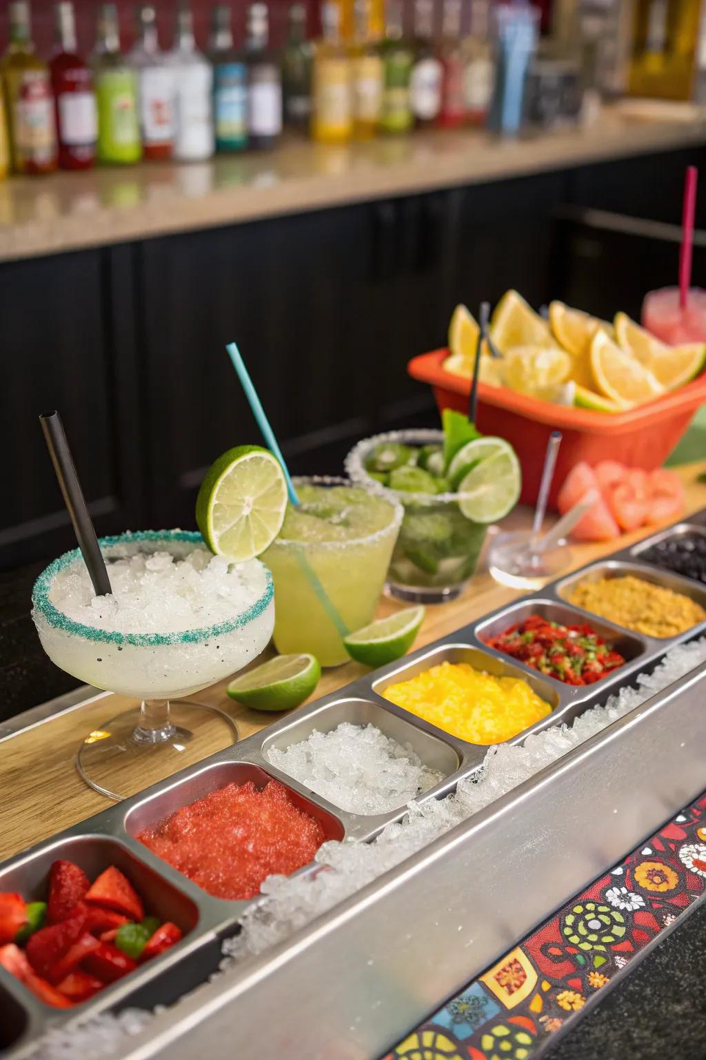 A celebratory margarita station offering a range of flavors and garnishes.