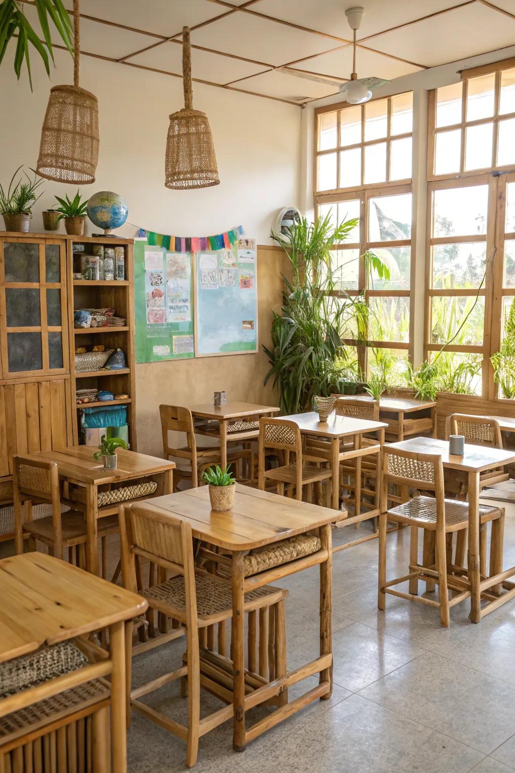 Eco-conscious materials inject natural sophistication into learning spaces.