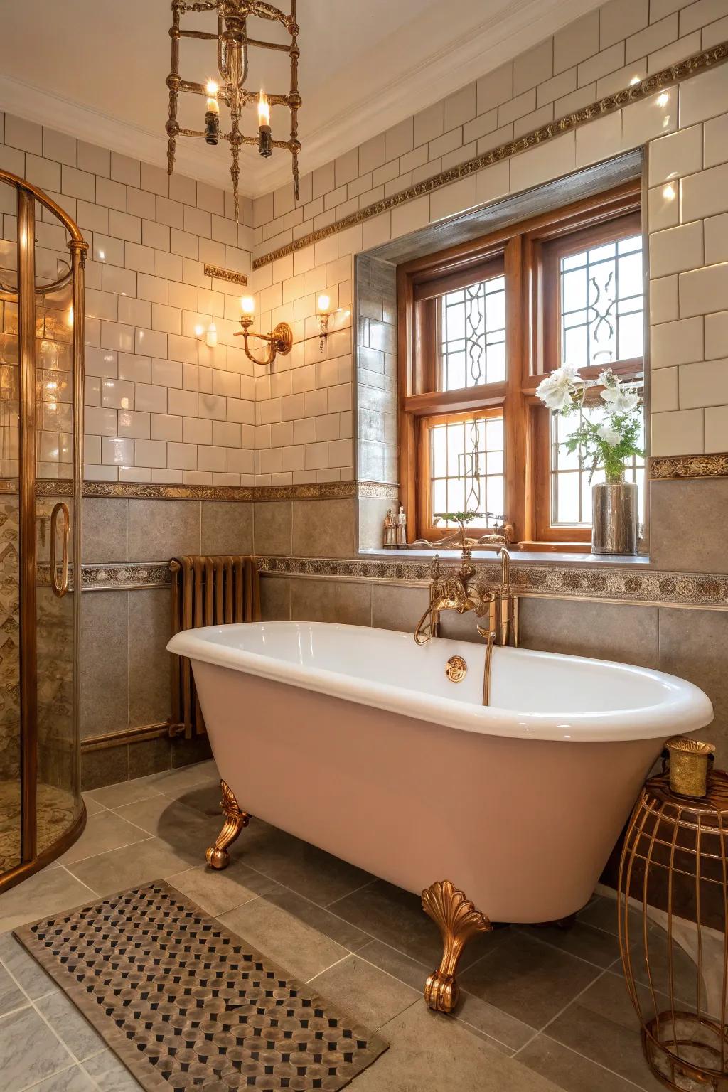A bathroom where warm metallics add a luxurious glow.