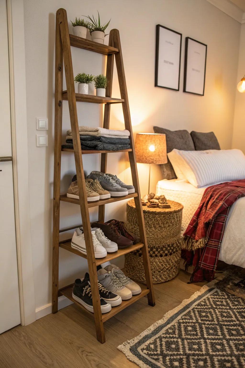 Leaning ladder shelves add style and storage in one.