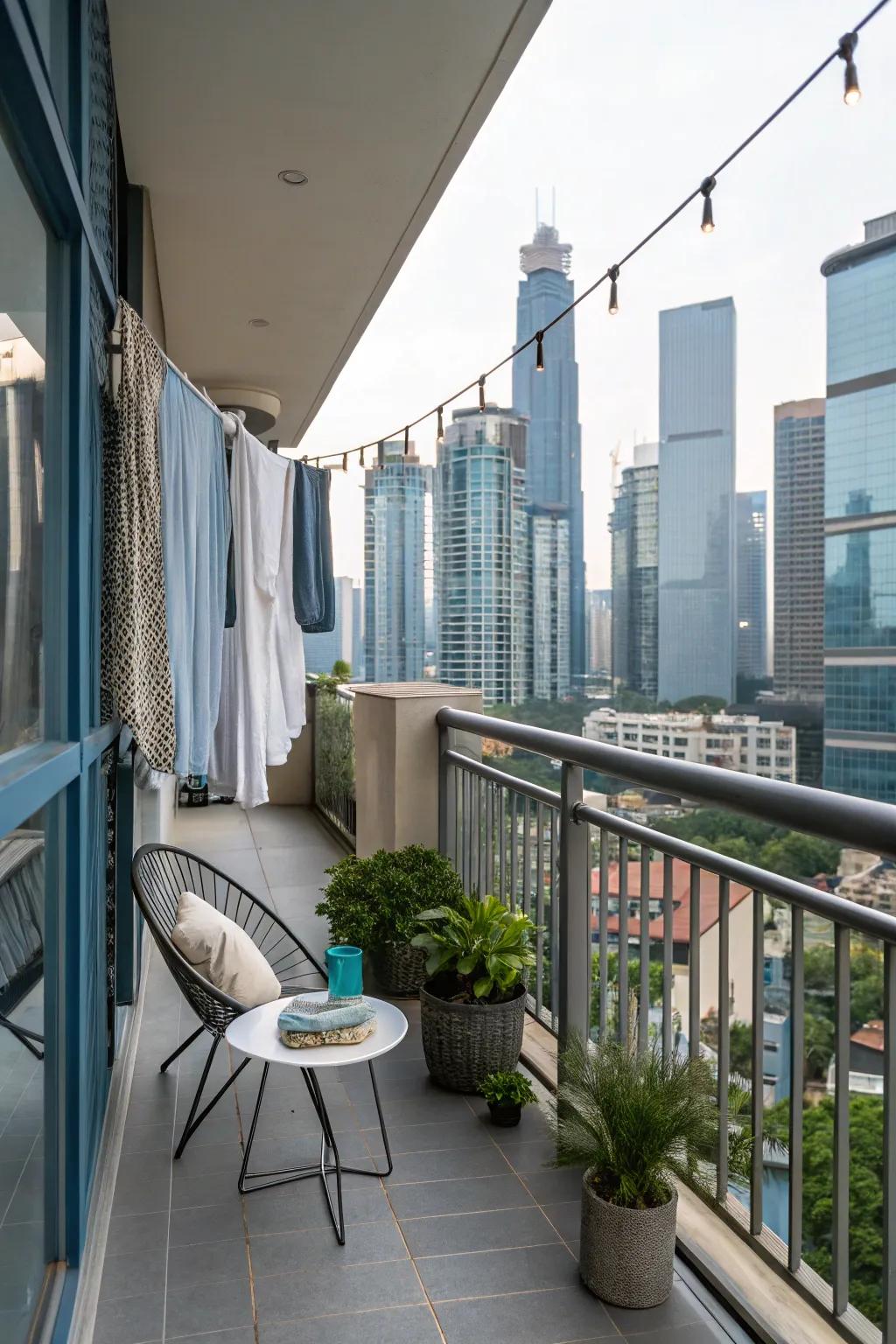 A subtle clothesline complements this balcony in the city.