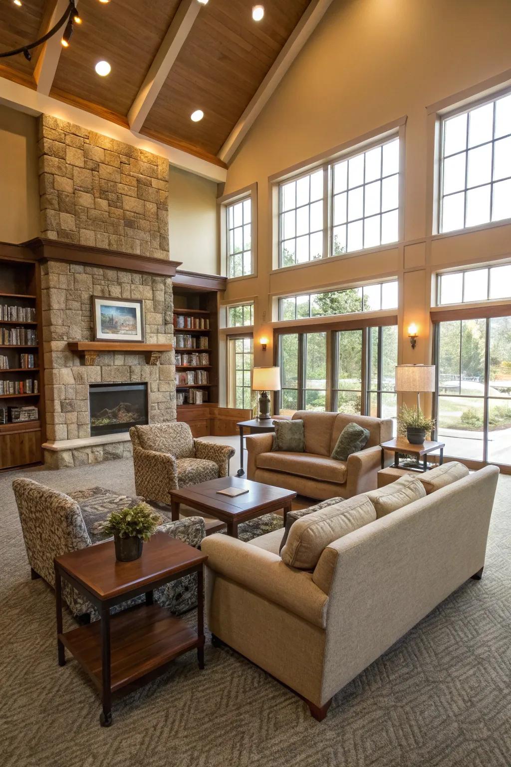 Large-scale furnishings creating a luxurious feel in a clubhouse.