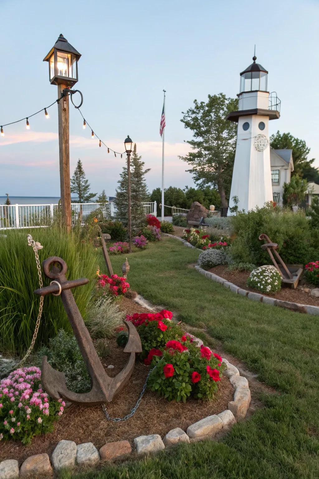 Maritime-themed details add charm to a coastal garden.