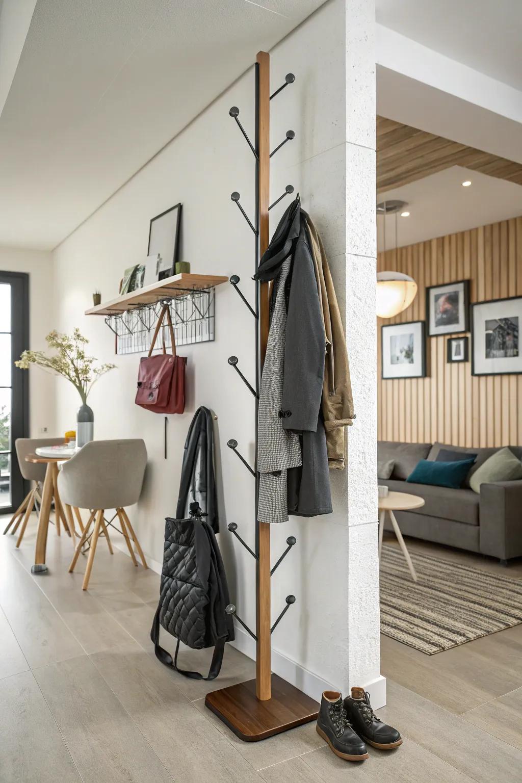 An asymmetrical coat rack design, fashioning a striking visual focal point.