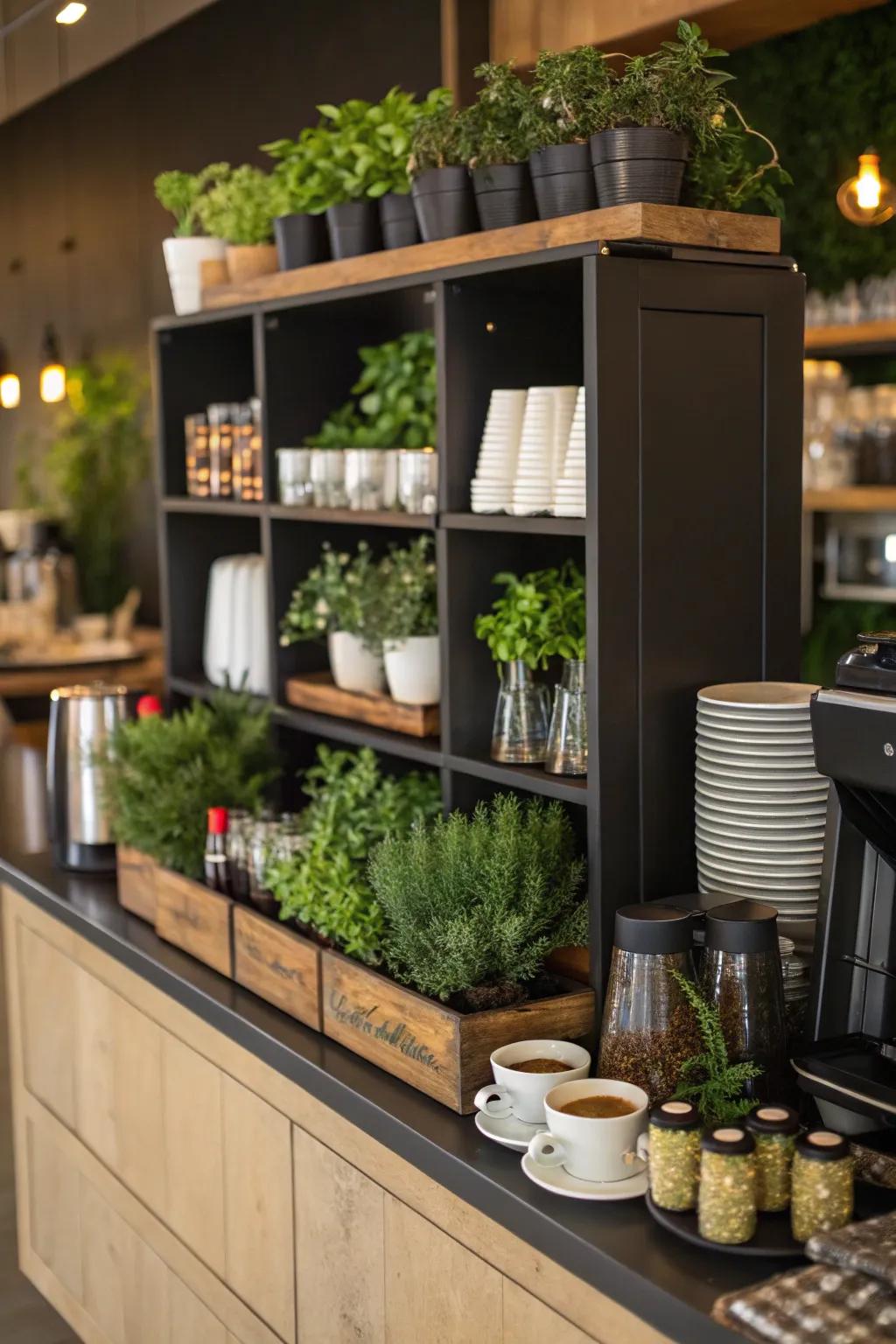 Greenery that brings a refreshing natural element to the coffee bar.