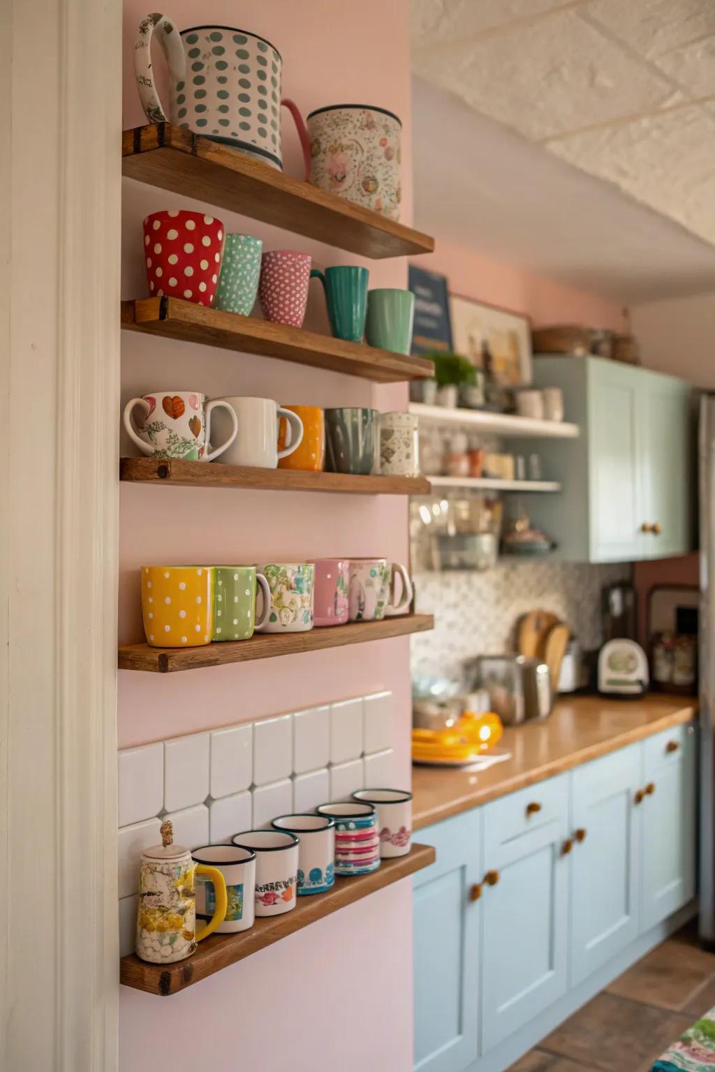 Floating shelves displaying coffee items.