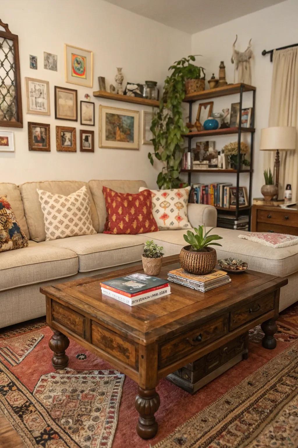 A vintage center table fills the room with charm and personality.