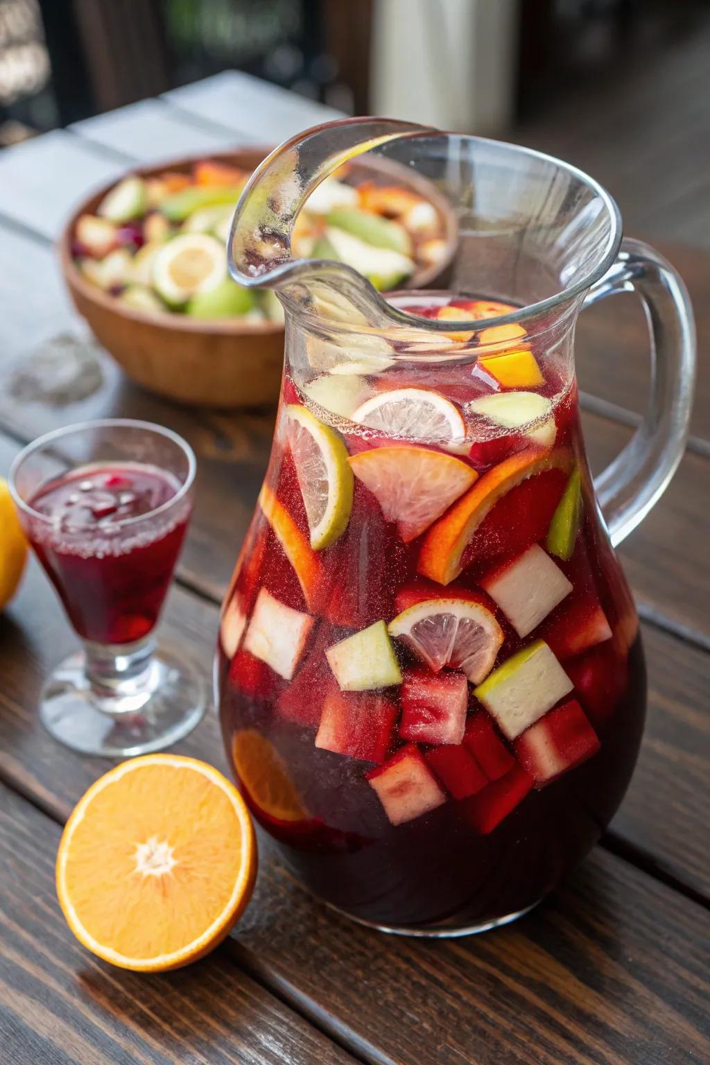 A vibrant pitcher of red-infused sangria ready to be enjoyed.