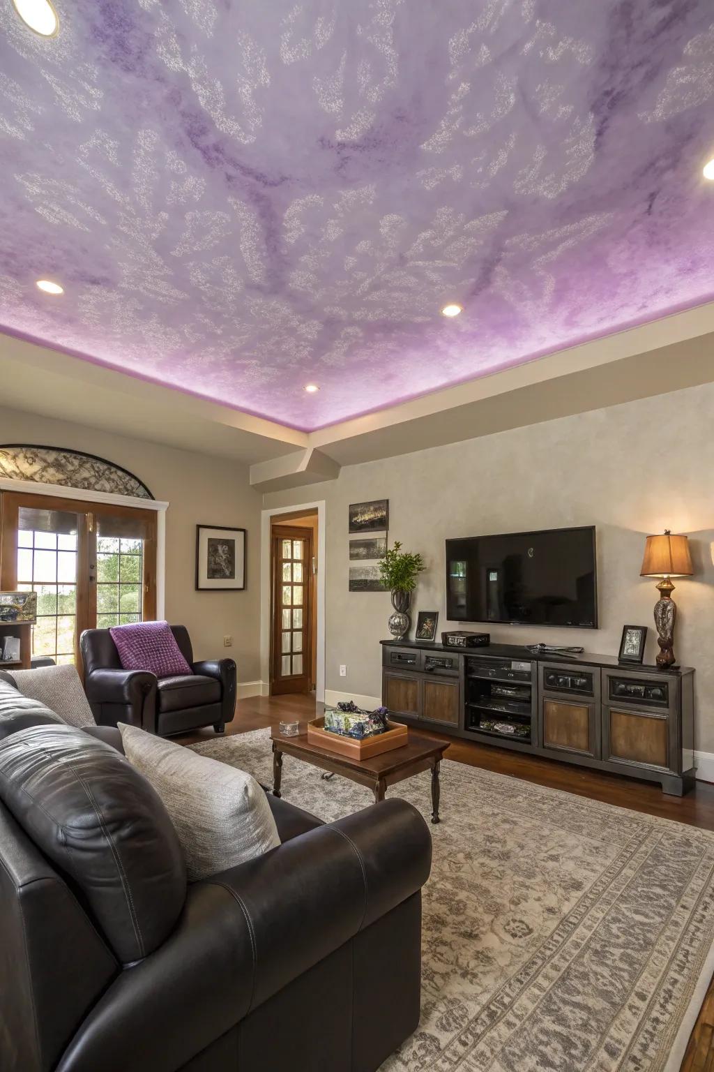 A delicate lavender ceiling adds a surprising element to this contemporary living area.
