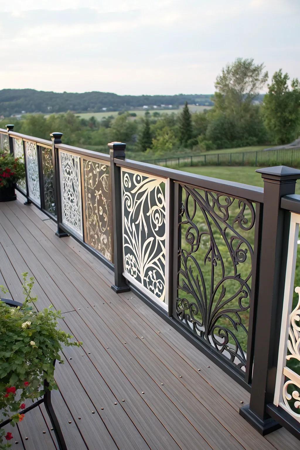 Decorative panels in barriers add an artistic touch to your deck.