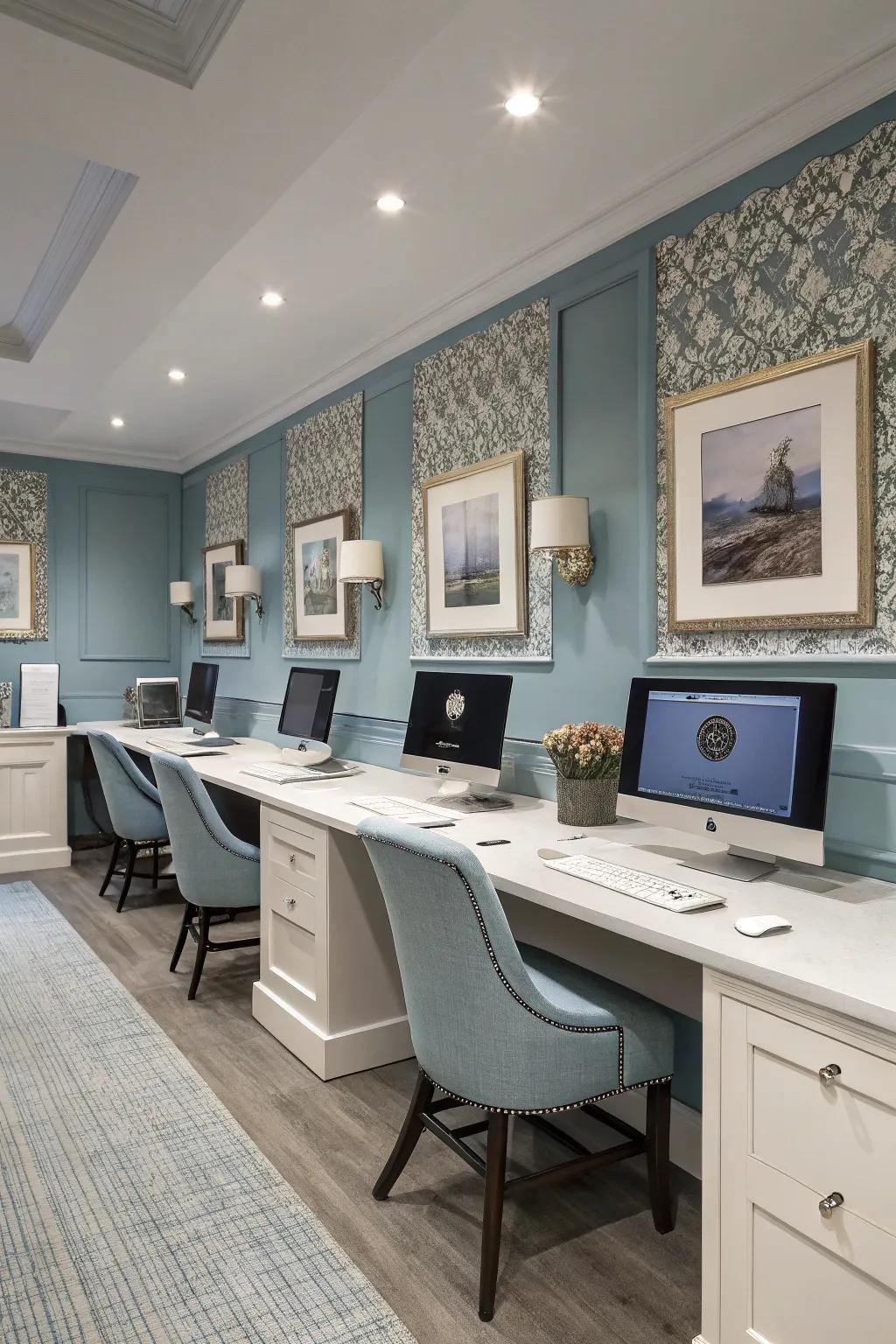 A fashionable computer space united by a thoughtful color theme.