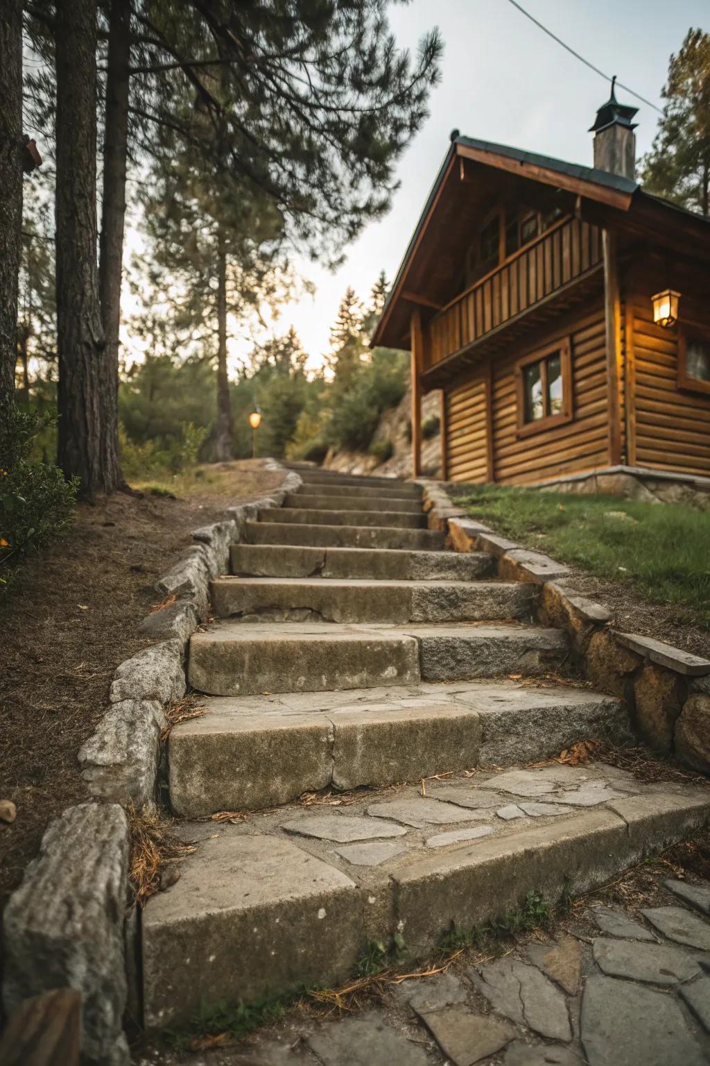 Rustic steps conveying warmth to your residence.