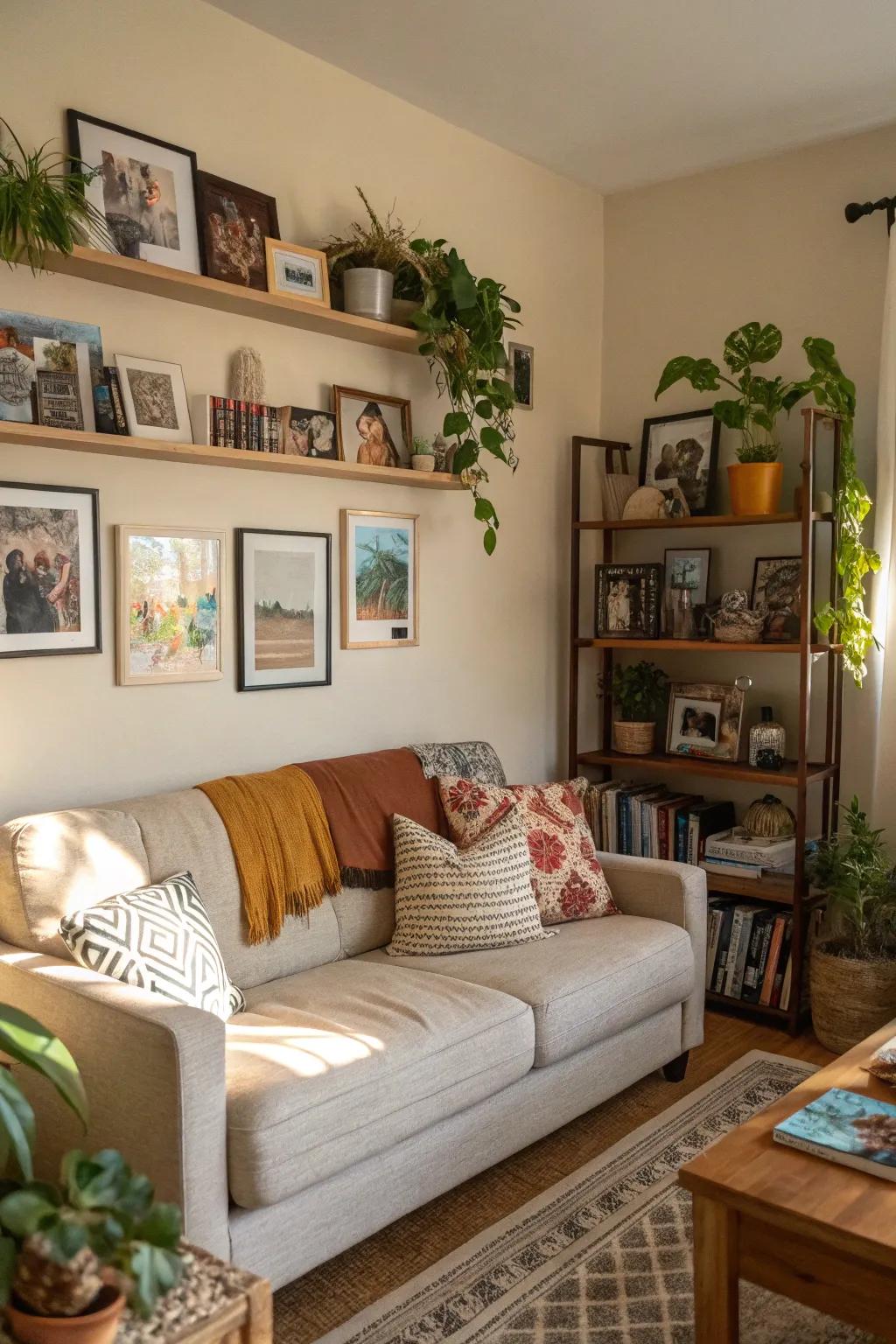 Personal accents creating a homely feeling in a condo living space.