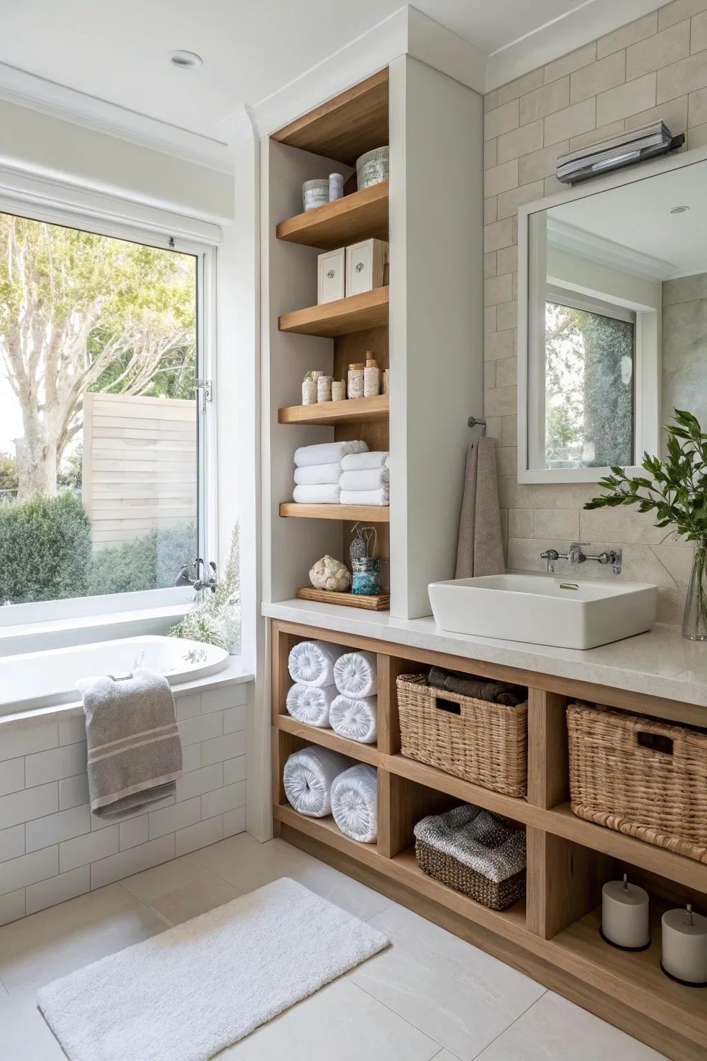 Bathroom featuring smart integrated storage solutions.