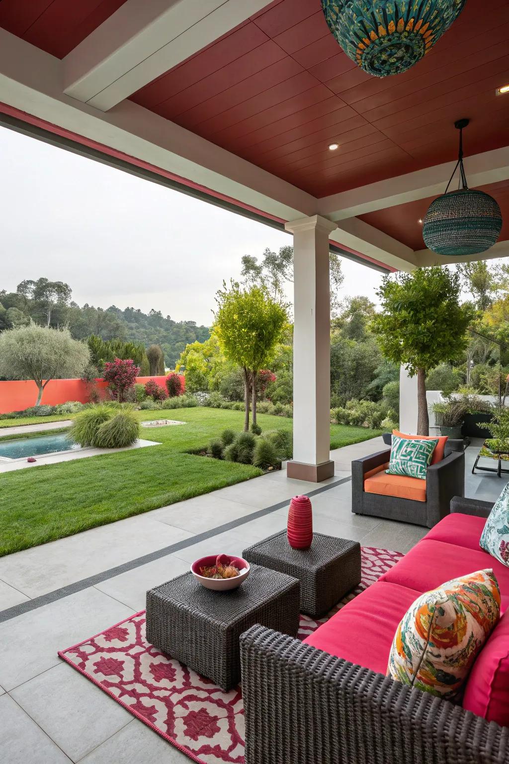 Bold color accents injecting energy into a modern patio.