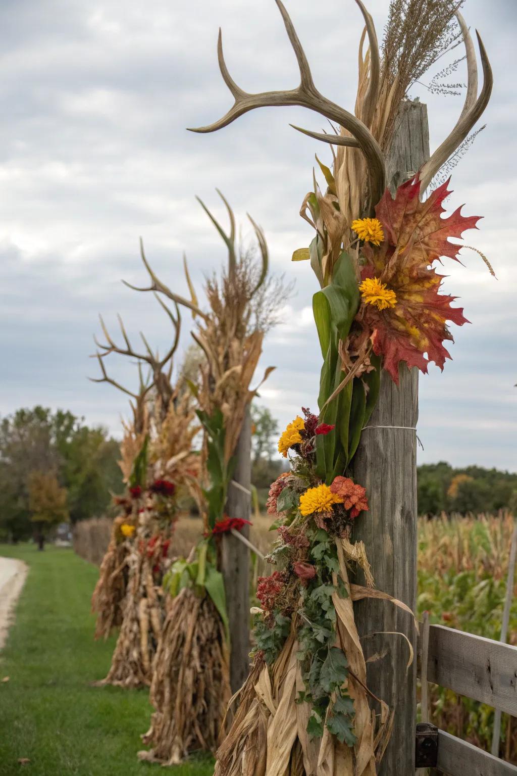 Incorporate a country-style, untamed element with corn stalks and branches.
