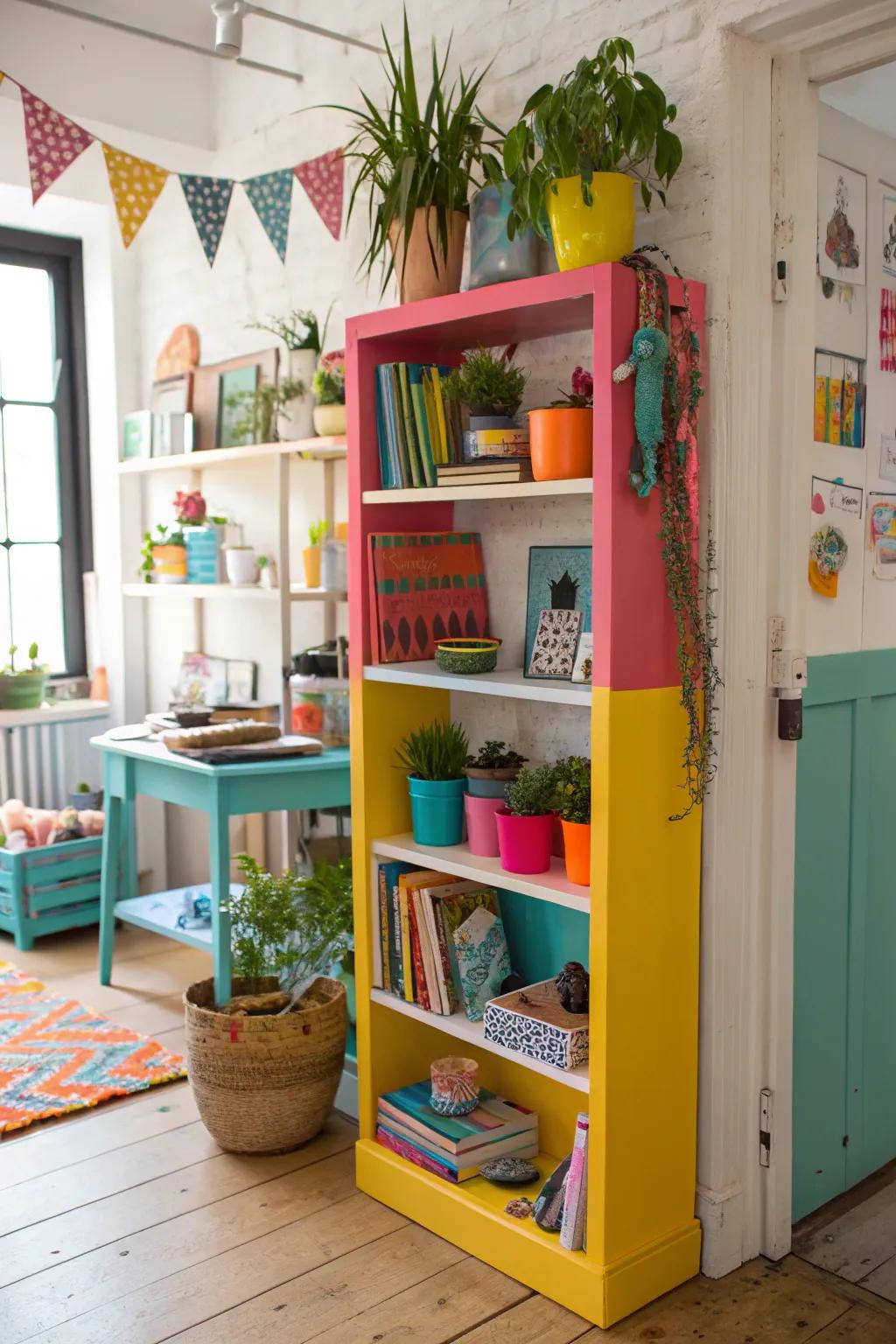 Bold colors change shelves into vibrant focal points.