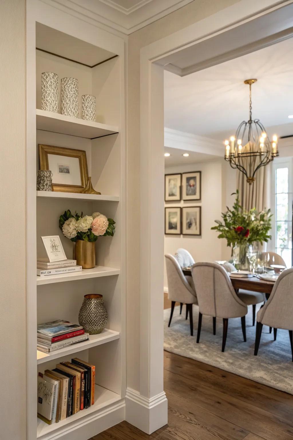 Minimalist shelving highlight quality and intentional decor choices.