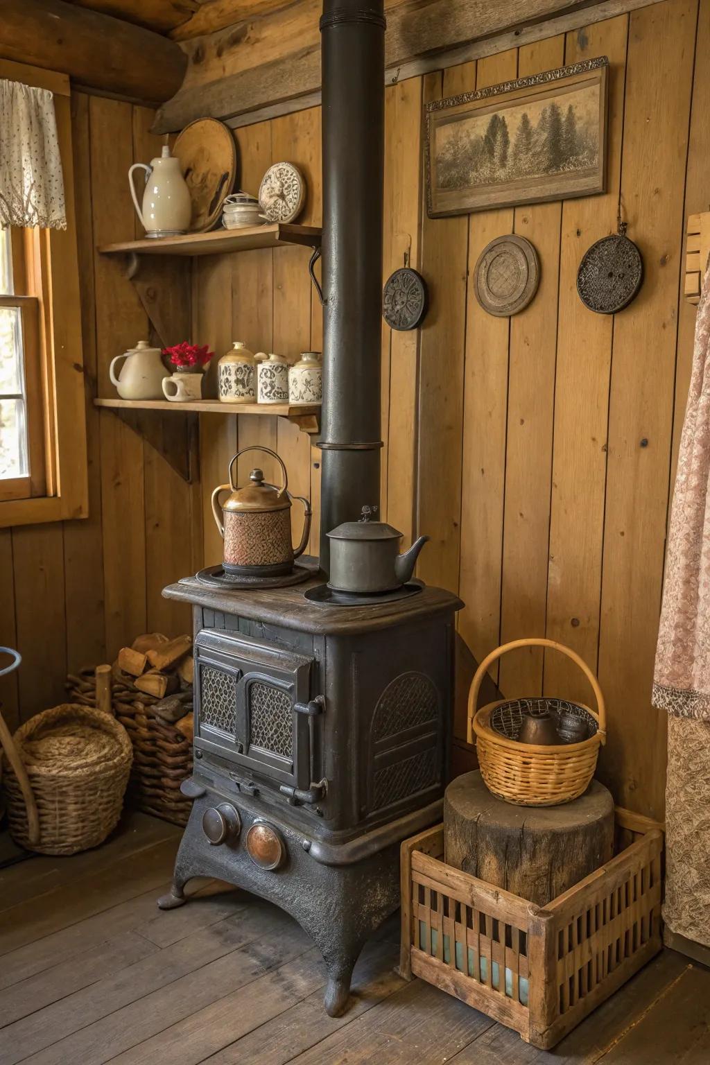 Vintage antiques introduce a nostalgic charm to your wood stove corner.