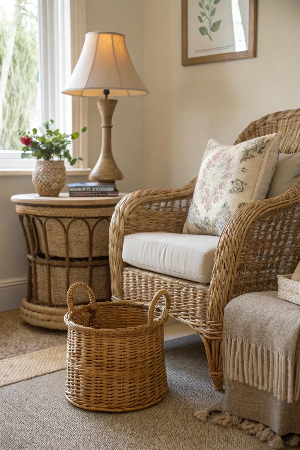 Wickerwork that introduces texture and warmth.