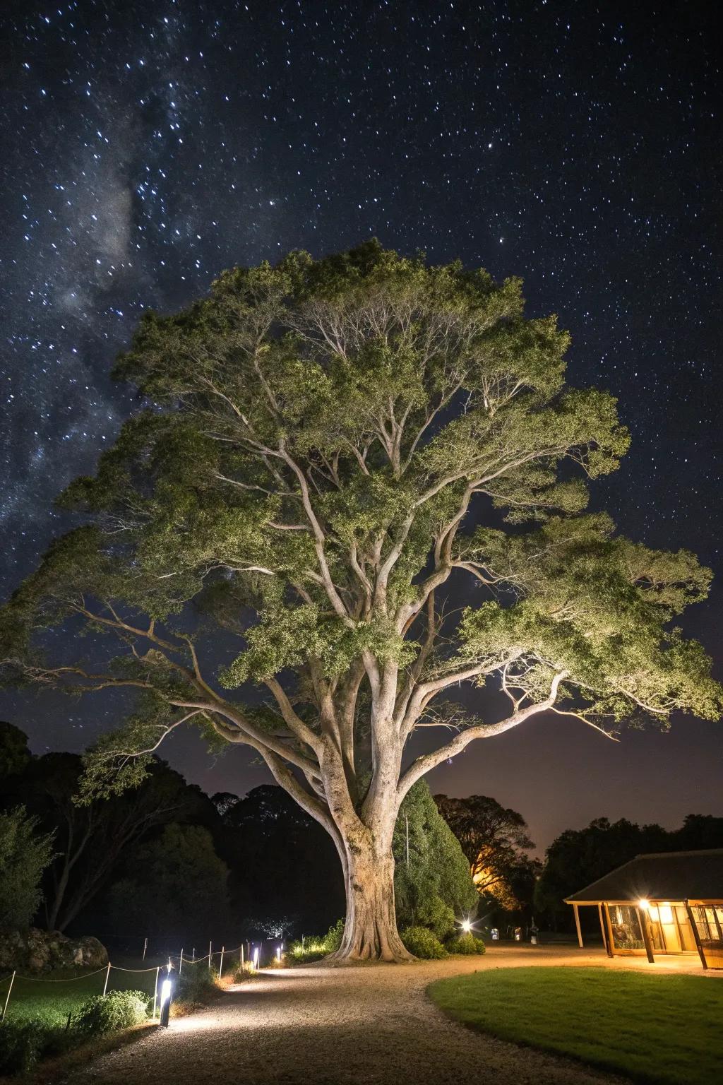 Majestic tree uplighting fashioning a grand garden feel.