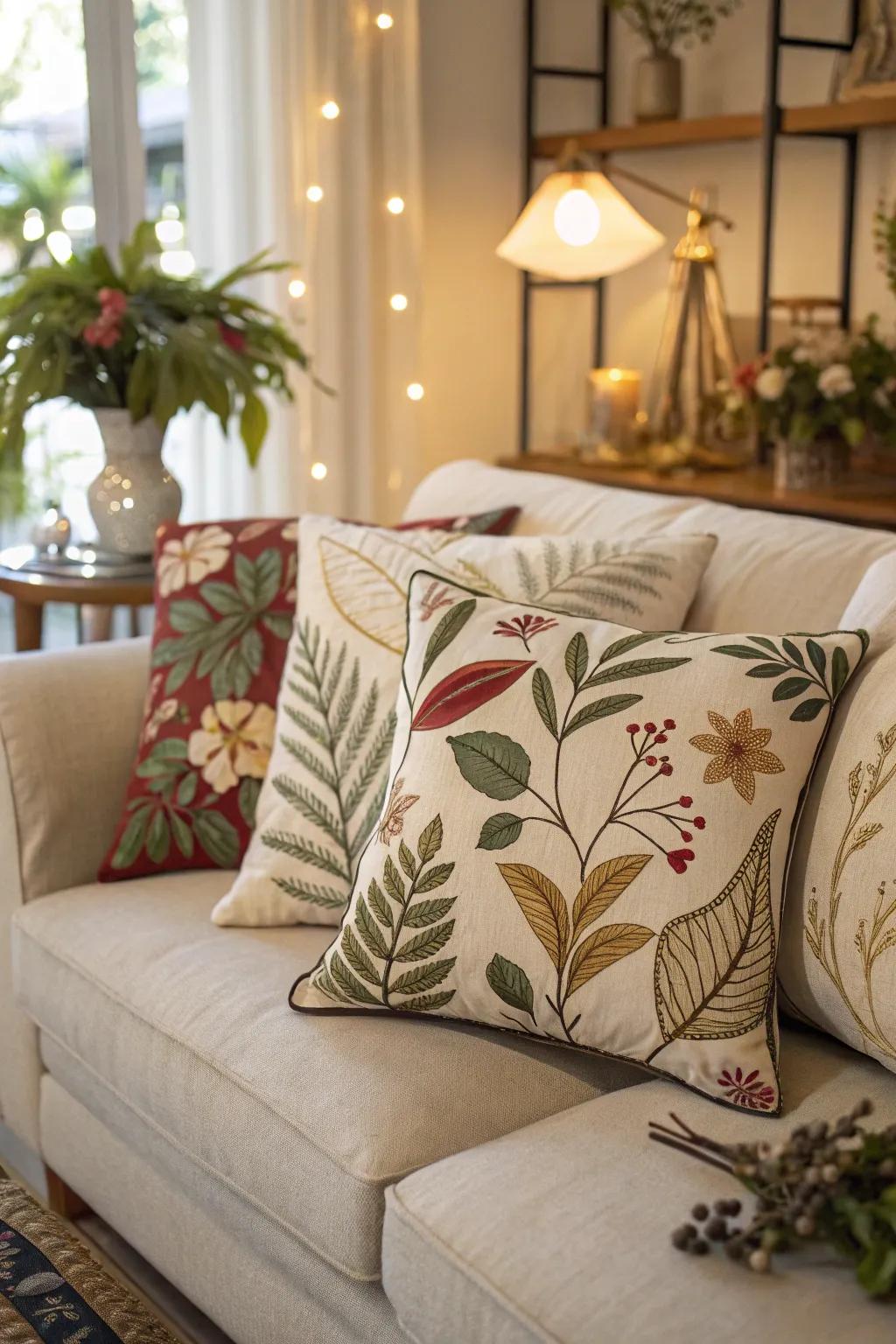 Natural motif pillows establish a connection to the outdoors.