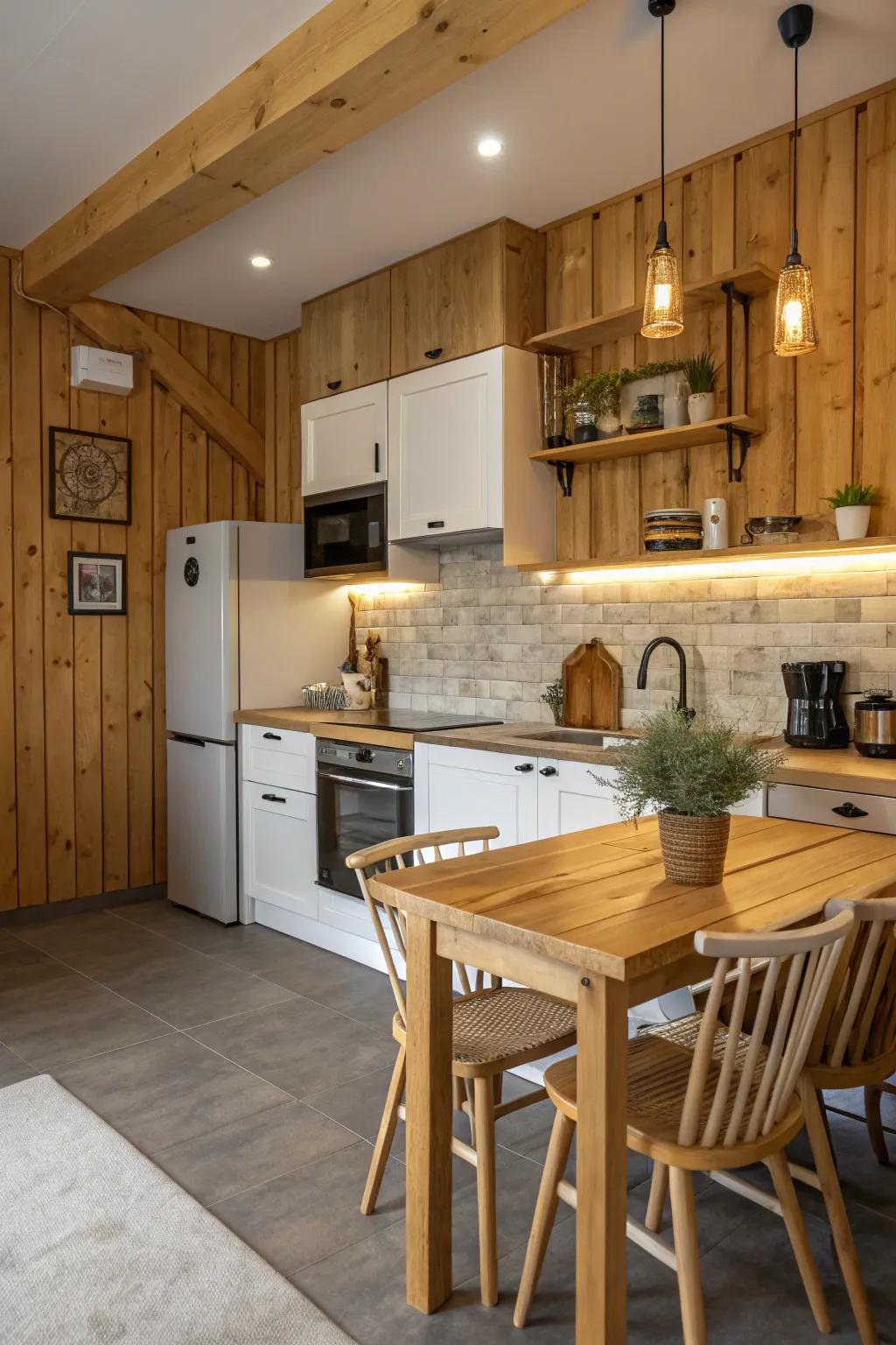 Timber backsplashes bring warmth and rustic appeal to kitchen schemes.
