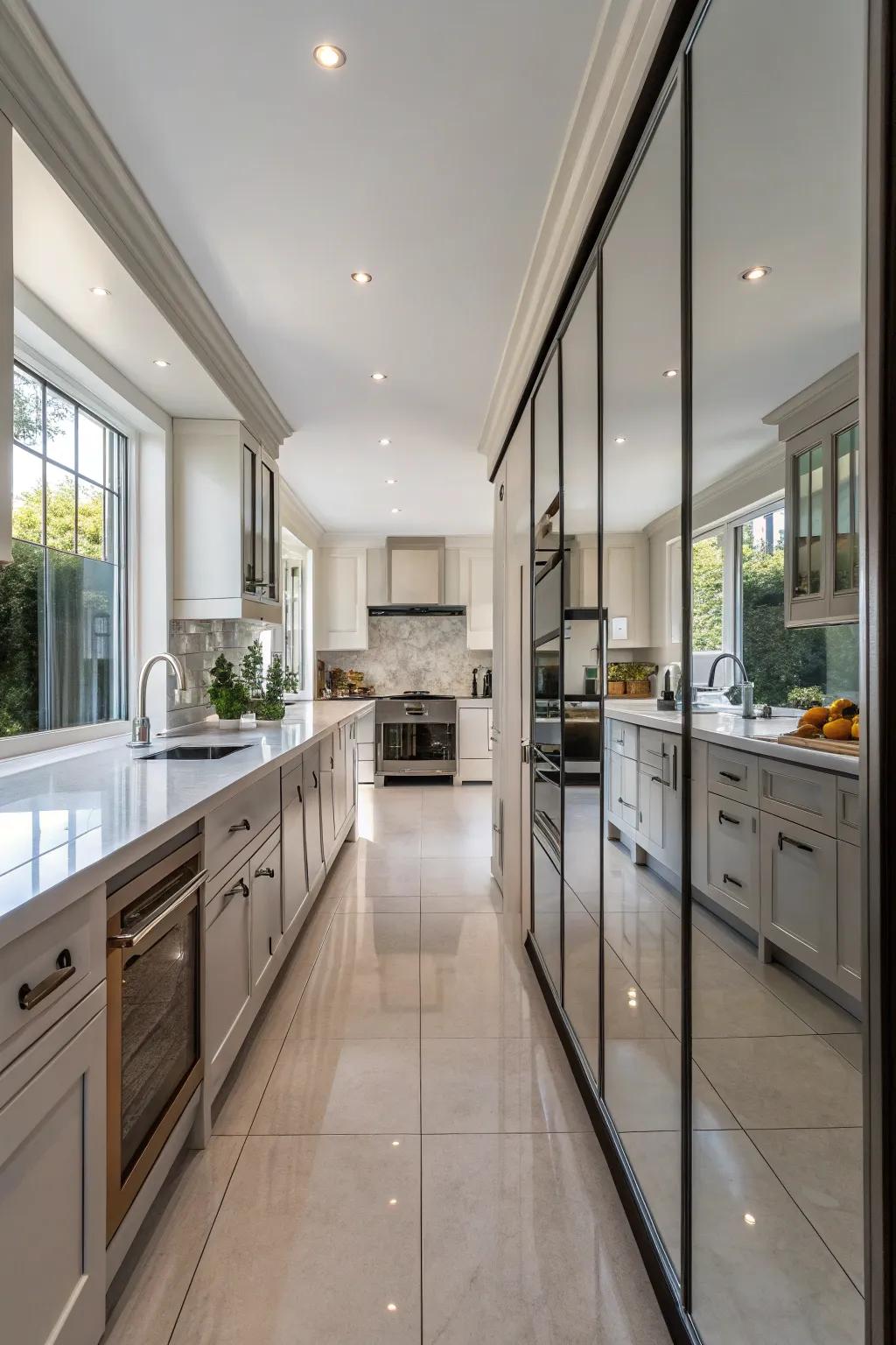 Mirrored end treatments that amplify light and space within the kitchen.